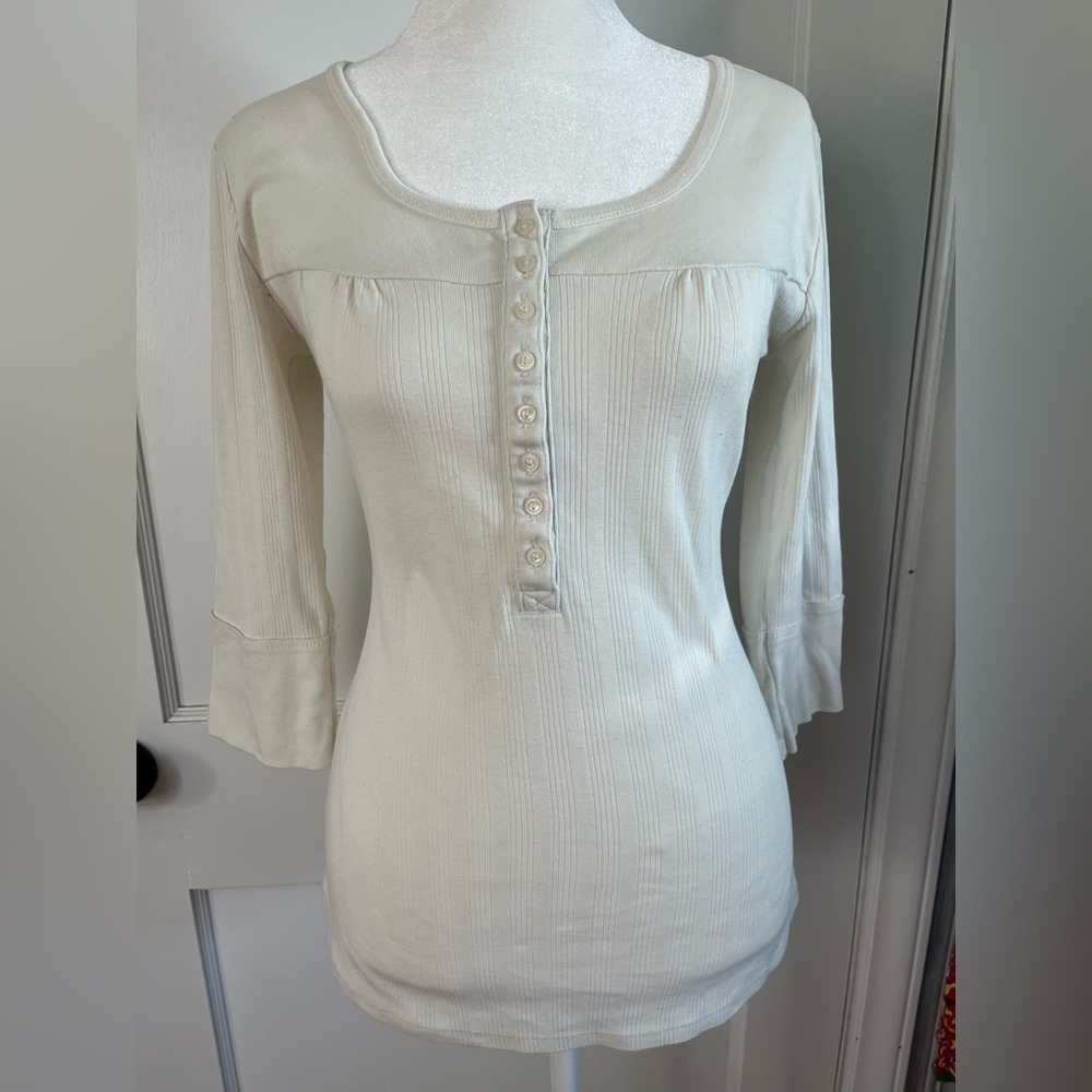 VTG Y2K cream Babydoll ribbed Henley  sz S Fairycore coquette cottagecore grung